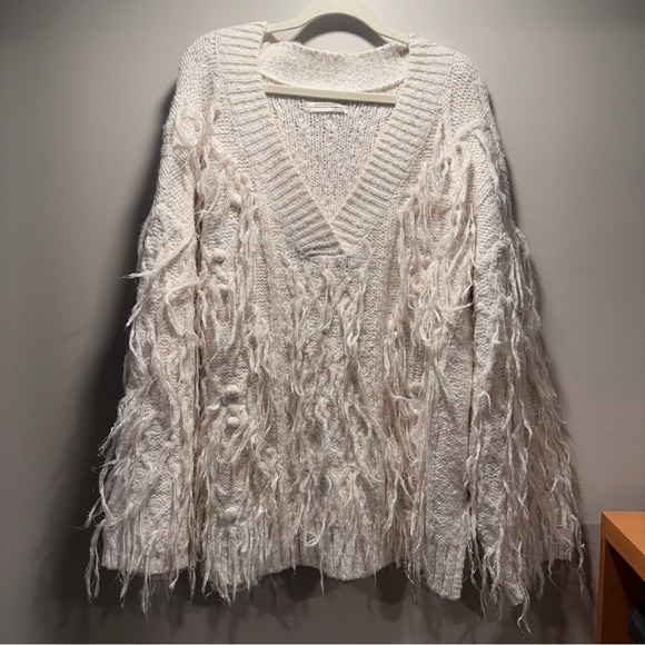 Anthropologie Fringed Pullover Knit Sweater Sequin Fringe in Ivory Large EUC - Picture 7 of 16